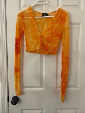 Women's Tie-Front Long Sleeve Crop Top - Orange Tie-Dye
